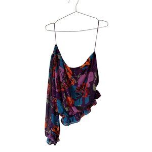 Lush Blouse Size XL Floral Asymmetrical One Shoulder Ruffle Hem Purple Bohemian